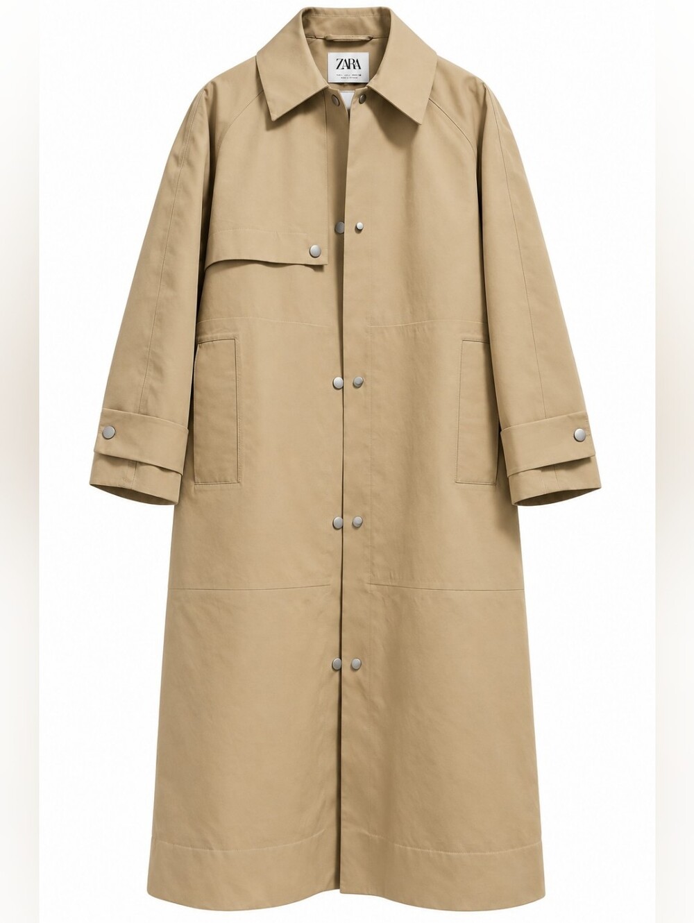 Zara Beige Long Trench Coat Water Repellent Oversized Single Breasted Size L NWT
